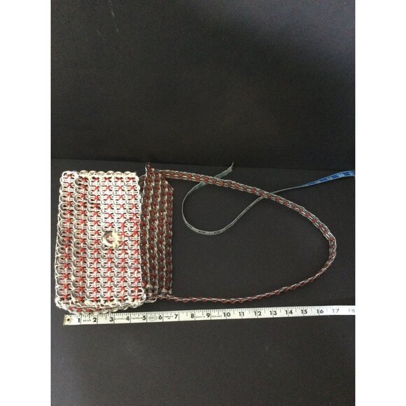 Handmade Aluminum Pop Tab Bag Purse Red String Accents Button Closure - Picture 7 of 8